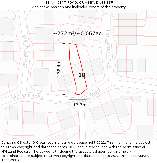 18, VINCENT ROAD, GRIMSBY, DN33 3SF: Plot and title map