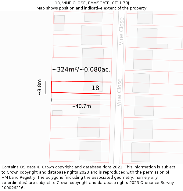 18, VINE CLOSE, RAMSGATE, CT11 7BJ: Plot and title map