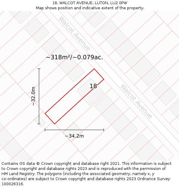 18, WALCOT AVENUE, LUTON, LU2 0PW: Plot and title map