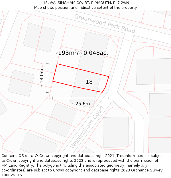 18, WALSINGHAM COURT, PLYMOUTH, PL7 2WN: Plot and title map