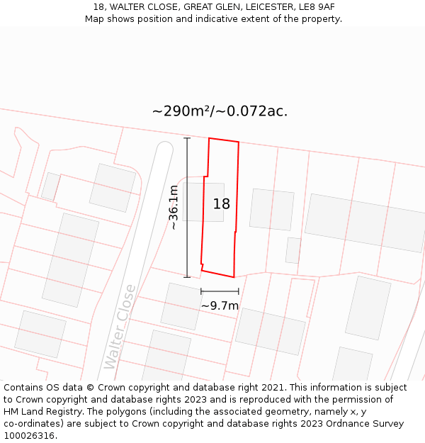18, WALTER CLOSE, GREAT GLEN, LEICESTER, LE8 9AF: Plot and title map