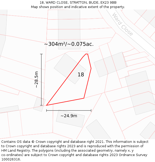 18, WARD CLOSE, STRATTON, BUDE, EX23 9BB: Plot and title map