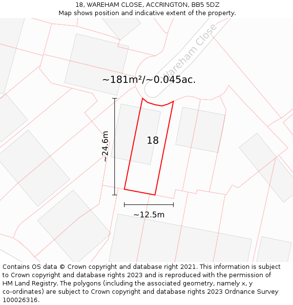 18, WAREHAM CLOSE, ACCRINGTON, BB5 5DZ: Plot and title map
