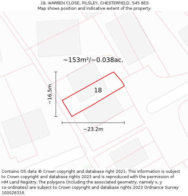 18, WARREN CLOSE, PILSLEY, CHESTERFIELD, S45 8ES: Plot and title map