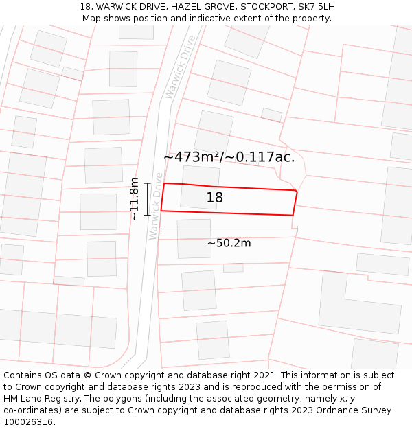 18, WARWICK DRIVE, HAZEL GROVE, STOCKPORT, SK7 5LH: Plot and title map