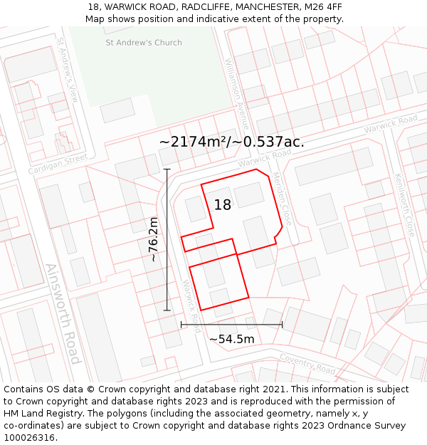 18, WARWICK ROAD, RADCLIFFE, MANCHESTER, M26 4FF: Plot and title map