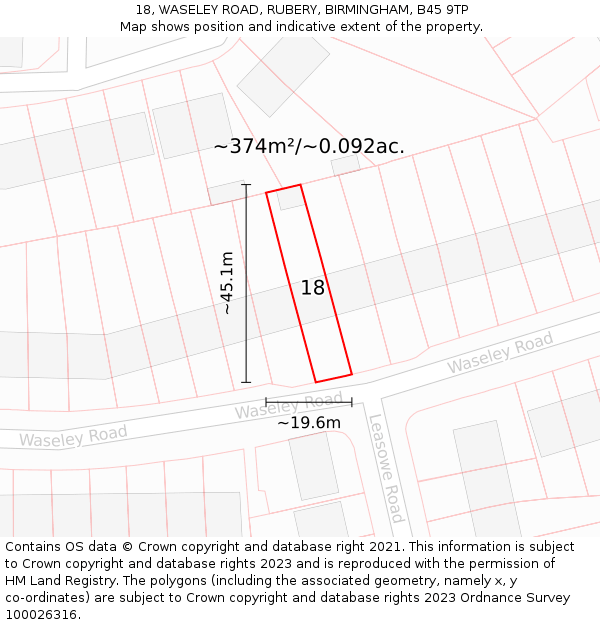 18, WASELEY ROAD, RUBERY, BIRMINGHAM, B45 9TP: Plot and title map