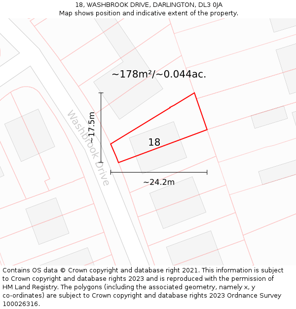 18, WASHBROOK DRIVE, DARLINGTON, DL3 0JA: Plot and title map