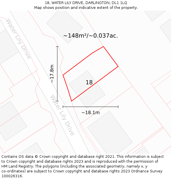 18, WATER LILY DRIVE, DARLINGTON, DL1 1LQ: Plot and title map