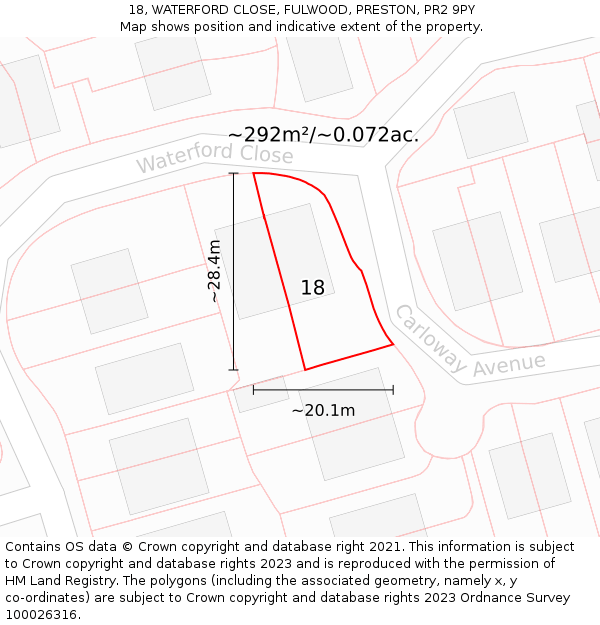 18, WATERFORD CLOSE, FULWOOD, PRESTON, PR2 9PY: Plot and title map