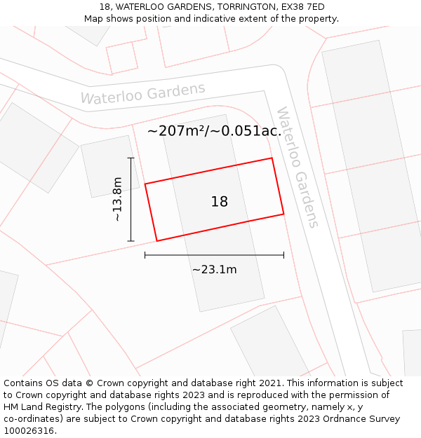 18, WATERLOO GARDENS, TORRINGTON, EX38 7ED: Plot and title map