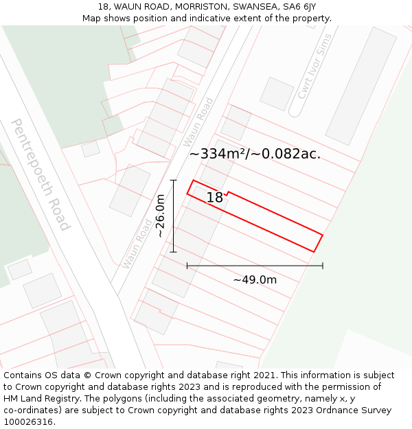 18, WAUN ROAD, MORRISTON, SWANSEA, SA6 6JY: Plot and title map