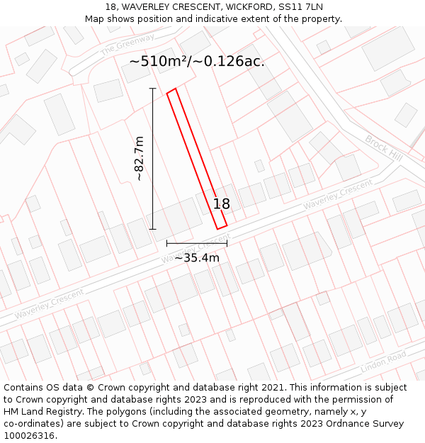 18, WAVERLEY CRESCENT, WICKFORD, SS11 7LN: Plot and title map
