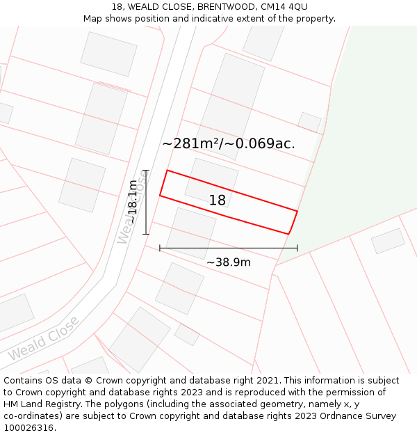 18, WEALD CLOSE, BRENTWOOD, CM14 4QU: Plot and title map