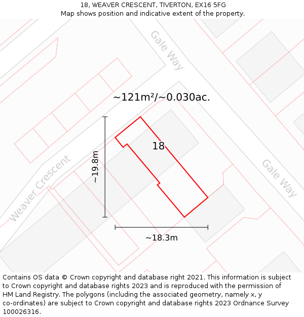 18, WEAVER CRESCENT, TIVERTON, EX16 5FG: Plot and title map