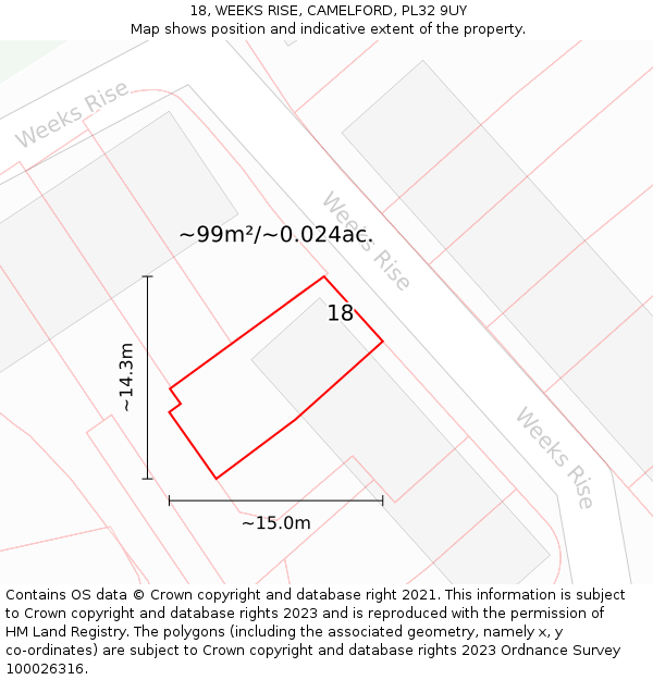 18, WEEKS RISE, CAMELFORD, PL32 9UY: Plot and title map