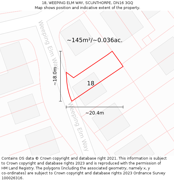 18, WEEPING ELM WAY, SCUNTHORPE, DN16 3GQ: Plot and title map