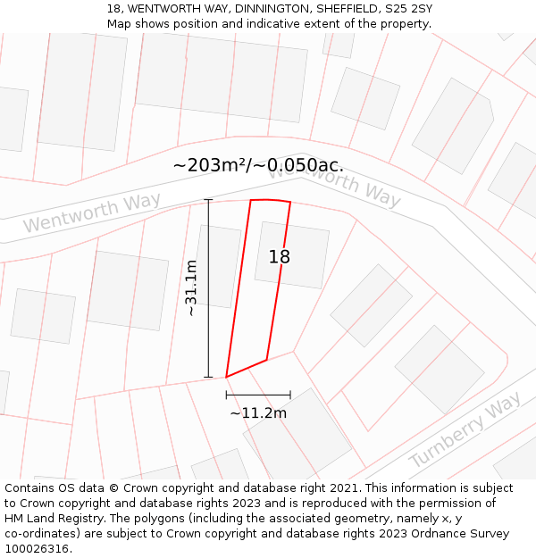 18, WENTWORTH WAY, DINNINGTON, SHEFFIELD, S25 2SY: Plot and title map