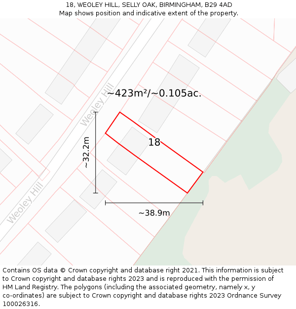 18, WEOLEY HILL, SELLY OAK, BIRMINGHAM, B29 4AD: Plot and title map