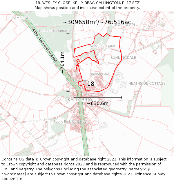 18, WESLEY CLOSE, KELLY BRAY, CALLINGTON, PL17 8EZ: Plot and title map