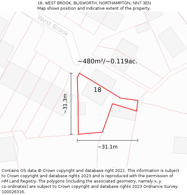 18, WEST BROOK, BLISWORTH, NORTHAMPTON, NN7 3EN: Plot and title map