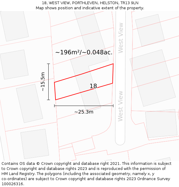 18, WEST VIEW, PORTHLEVEN, HELSTON, TR13 9LN: Plot and title map