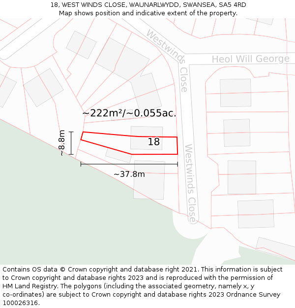 18, WEST WINDS CLOSE, WAUNARLWYDD, SWANSEA, SA5 4RD: Plot and title map