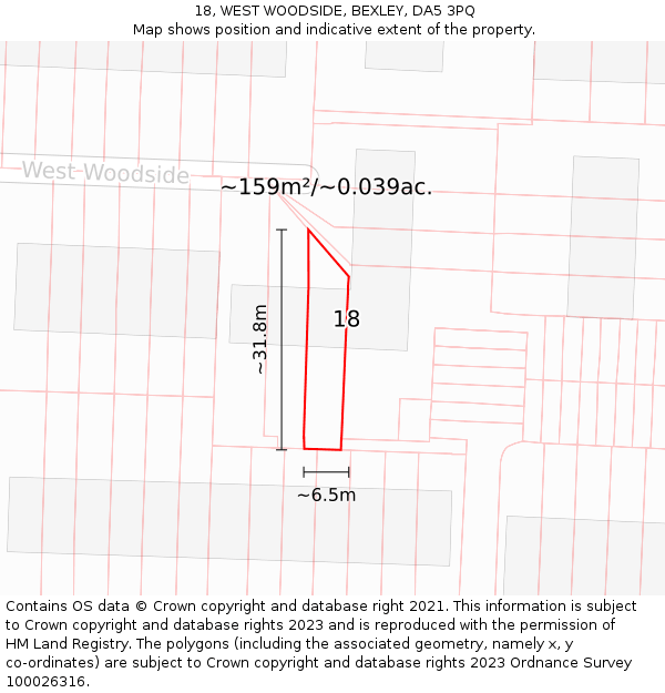 18, WEST WOODSIDE, BEXLEY, DA5 3PQ: Plot and title map