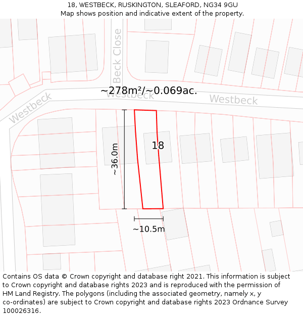 18, WESTBECK, RUSKINGTON, SLEAFORD, NG34 9GU: Plot and title map