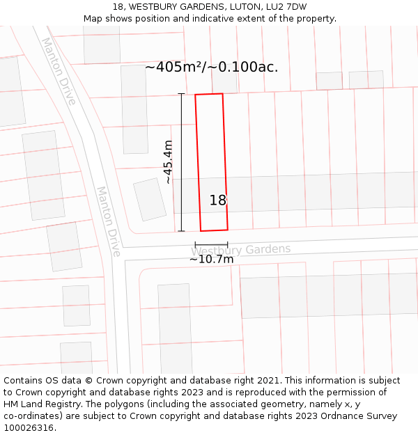 18, WESTBURY GARDENS, LUTON, LU2 7DW: Plot and title map