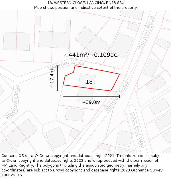 18, WESTERN CLOSE, LANCING, BN15 8RU: Plot and title map