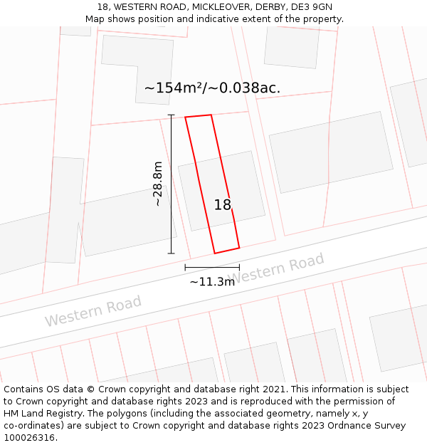 18, WESTERN ROAD, MICKLEOVER, DERBY, DE3 9GN: Plot and title map