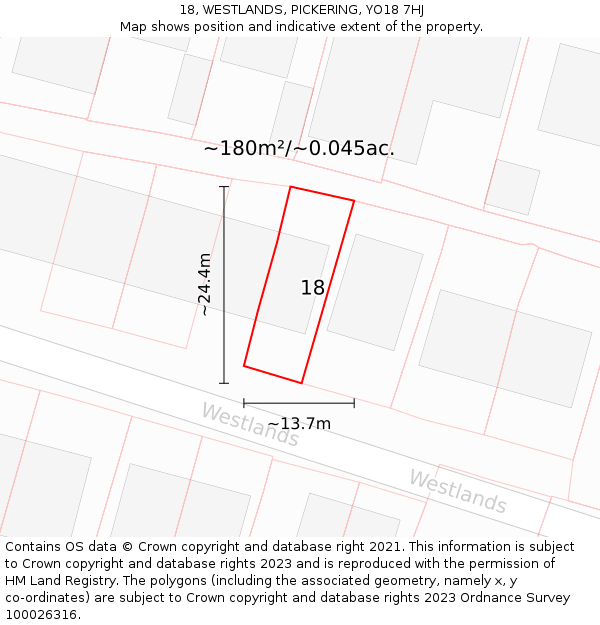 18, WESTLANDS, PICKERING, YO18 7HJ: Plot and title map