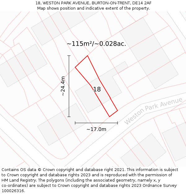 18, WESTON PARK AVENUE, BURTON-ON-TRENT, DE14 2AF: Plot and title map
