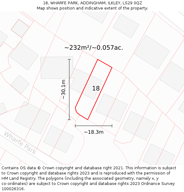 18, WHARFE PARK, ADDINGHAM, ILKLEY, LS29 0QZ: Plot and title map