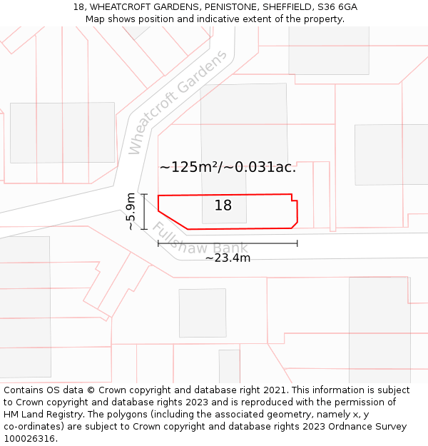 18, WHEATCROFT GARDENS, PENISTONE, SHEFFIELD, S36 6GA: Plot and title map