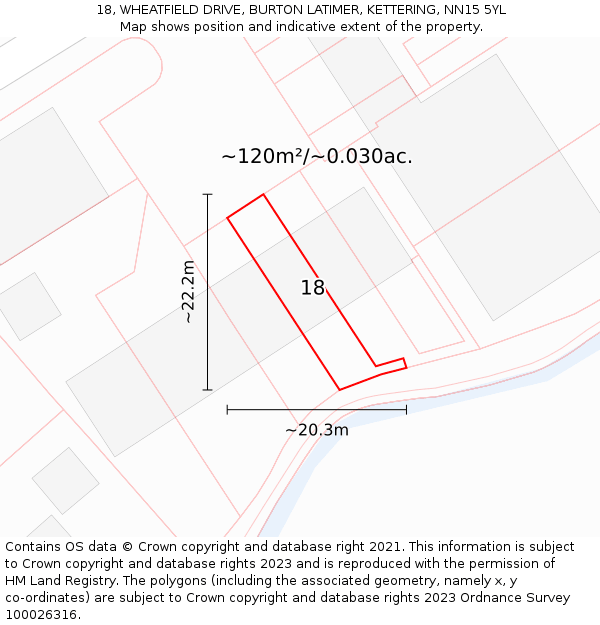 18, WHEATFIELD DRIVE, BURTON LATIMER, KETTERING, NN15 5YL: Plot and title map