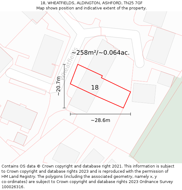 18, WHEATFIELDS, ALDINGTON, ASHFORD, TN25 7GF: Plot and title map