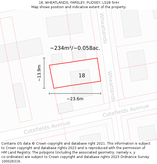 18, WHEATLANDS, FARSLEY, PUDSEY, LS28 5HH: Plot and title map