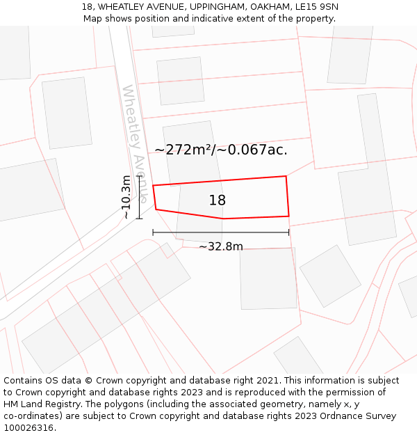 18, WHEATLEY AVENUE, UPPINGHAM, OAKHAM, LE15 9SN: Plot and title map