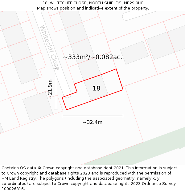 18, WHITECLIFF CLOSE, NORTH SHIELDS, NE29 9HF: Plot and title map