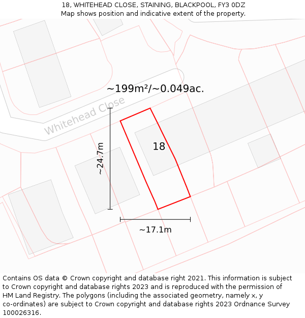 18, WHITEHEAD CLOSE, STAINING, BLACKPOOL, FY3 0DZ: Plot and title map