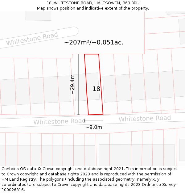 18, WHITESTONE ROAD, HALESOWEN, B63 3PU: Plot and title map