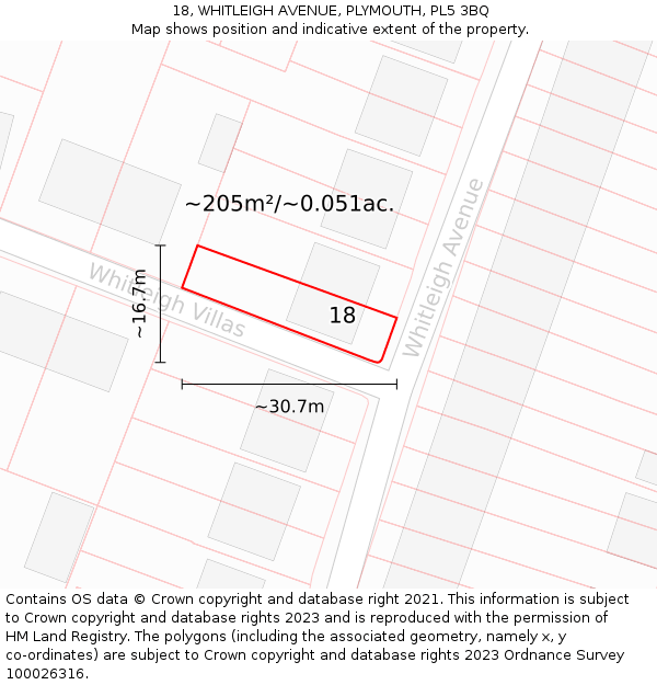 18, WHITLEIGH AVENUE, PLYMOUTH, PL5 3BQ: Plot and title map