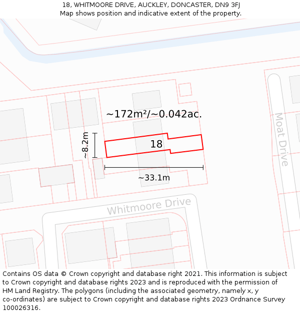 18, WHITMOORE DRIVE, AUCKLEY, DONCASTER, DN9 3FJ: Plot and title map
