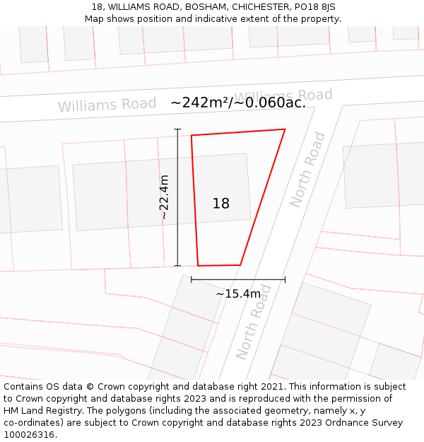 18, WILLIAMS ROAD, BOSHAM, CHICHESTER, PO18 8JS: Plot and title map