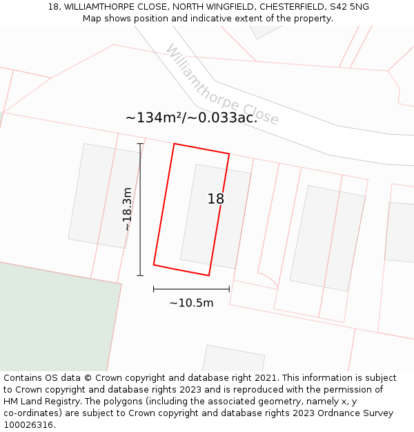 18, WILLIAMTHORPE CLOSE, NORTH WINGFIELD, CHESTERFIELD, S42 5NG: Plot and title map