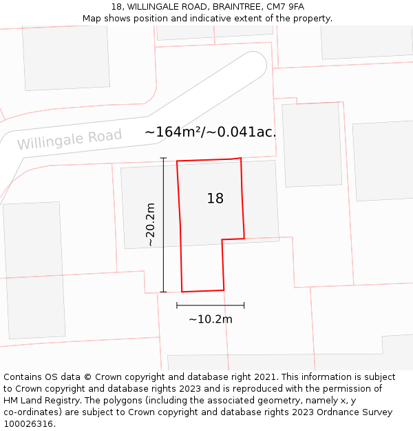 18, WILLINGALE ROAD, BRAINTREE, CM7 9FA: Plot and title map