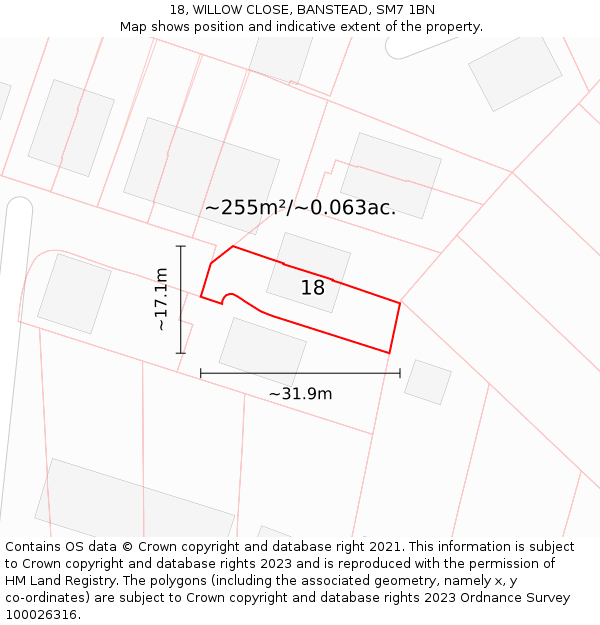 18, WILLOW CLOSE, BANSTEAD, SM7 1BN: Plot and title map