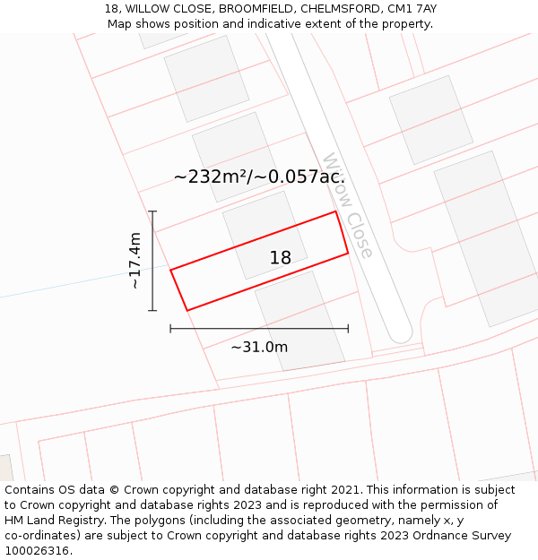 18, WILLOW CLOSE, BROOMFIELD, CHELMSFORD, CM1 7AY: Plot and title map